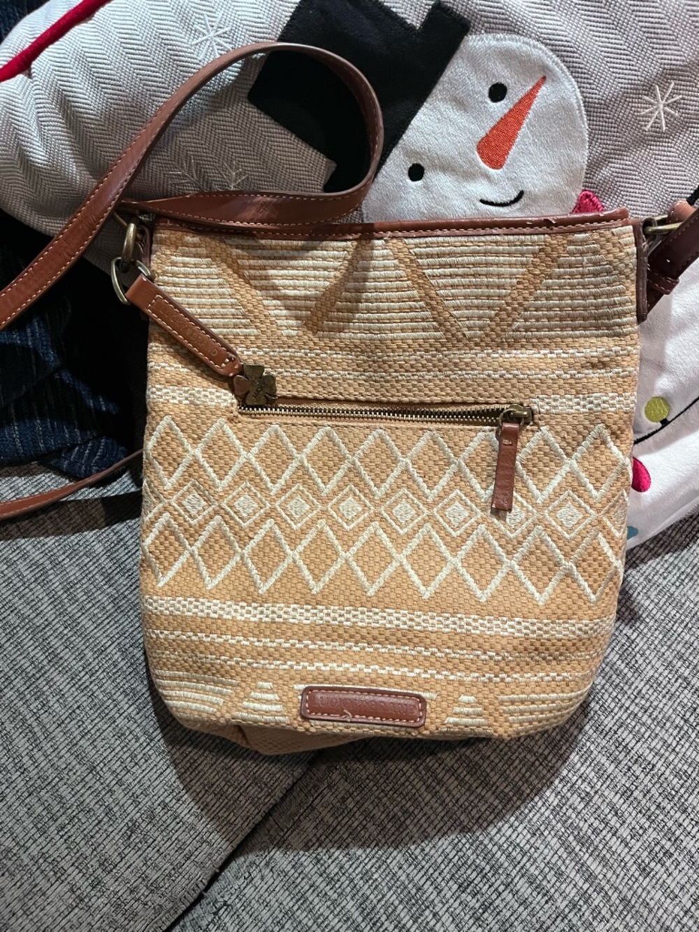 Fossil Tan and Cream Woven Crossbody Bag